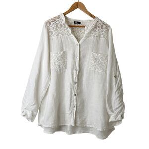 M Made In Italy 100% Linen Button Up Tunic L Rolled Tab Sleeve Crochet Coastal